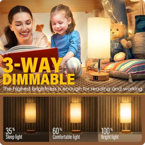 Yarra-Decor Fabric Bedside Table Lamp with USB Ports & Touch Dimmable Nightstand