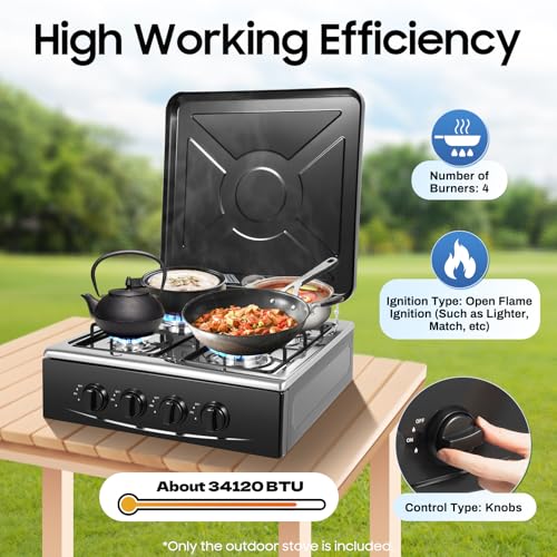 Portable 4-Burner Gas Stove with Double Shelves - Indoor/Outdoor Cooking