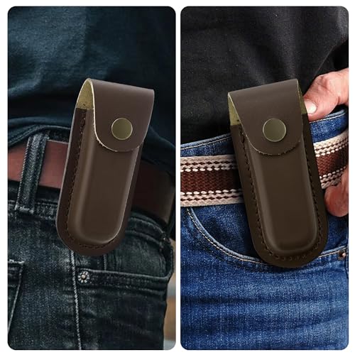 Leather Pocket Knife Sheath, 4'' Pocket Knife Pouch, Folding Knife Belt Sheath with Snap Closure and Vertical Carry Belt Loop, Knife Holster for Outdoor or Daily Use, Medium Size, Brown