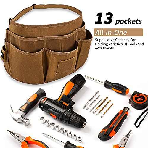 Waist Tool Belts with 13 Pockets,Waxed Canvas Tool Apron,Nail Apron,Woodworking Pouch for Men and Women,Adjustable Length from 28 to 45 Inches
