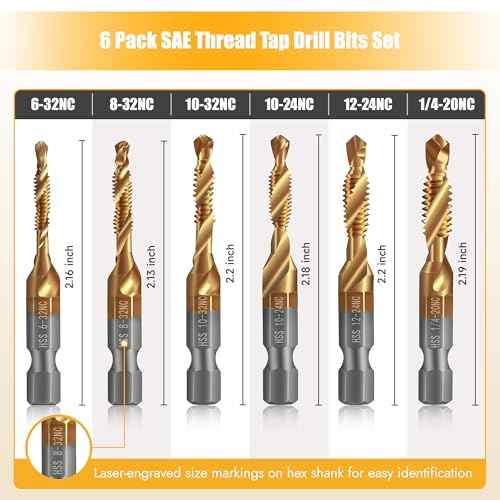 Junreox 6 Pack Combination Drill and Tap Set, Professional HSS Titanium Thread Tap Drill Bit Set in SAE 6-32nc 8-32nc 10-32nc 10-24nc 12-24nc 1/4-20nc, Quick Change Screw Tapping with 1/4¡± Hex Shank