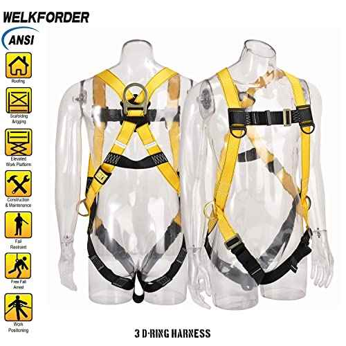 3D-Ring Industrial Fall Protection Safety Harness ANSI/ASSE Z359.11-2021 Compliant Full Body Personal Protection Equipment 3-Point Adjustment Universal 310 lbs