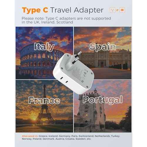 2 Pack European Plug Adapter USB C, TESSAN US to Europe Adapter 4 Outlets 3 USB Charger, Type C International Power Adaptor to Italy Spain France Portugal Iceland Germany, Europe Travel Essentials
