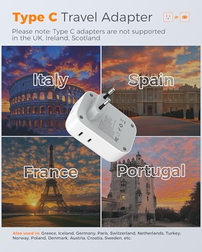 TESSAN Type C European Travel Plug Adapter with USB-C & USB A Ports - White Gray