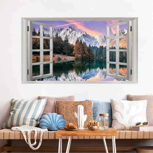 Fake Window Wall Stickers 3D Landscape Wall Sticker Decor Vinyl Mountain Lake Forest Wall Sticker Decals Peel and Stick Nature Scenery Faux Window Wallpaper for Living Room Bedroom Home Kitchen Decor