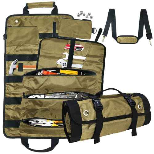 Roll Up Tool Bag,Portable Rollup Toolbag,Foldable Rollup organizer,Tool Organizer with 6 Detachable Pouches,Perfect for Engineers,Hobbyist,Men's gift and Engineer's gift (khaki)