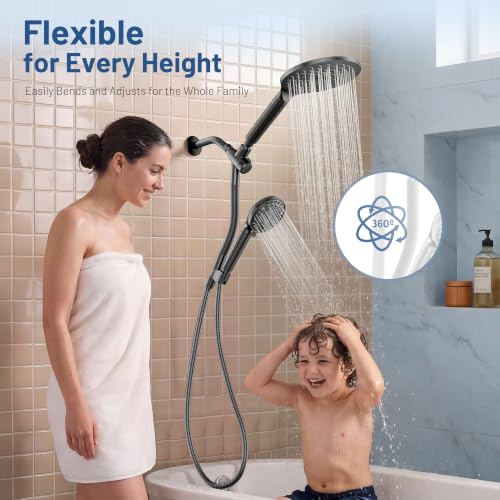 MakeFit 8 Inch Matte Black Dual Filtered Rain Shower Head & Handheld Combo with Adjustable Bar