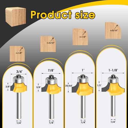 4PCS Router Bit Set Feanron Router Bits 1/4 inch Shank, Roundover Router Bit Cutting Diameter in 1/8", 1/4", 3/16", 5/16", CNC Router Bits Edging Cutter for Woodworking Forming Molding Profiling