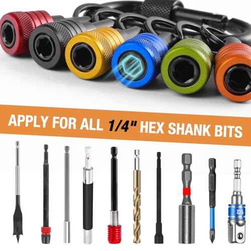 Bit Holder 1/4 Inch Hex Shank 6Pcs, Drill Bit Holder Aluminum Alloy, Quick Release Screwdriver Nut Driver Drill Bit Extension Screw Adapter with Black Keychain Carabiner Tool Gifts for Men by XIOGZAXI
