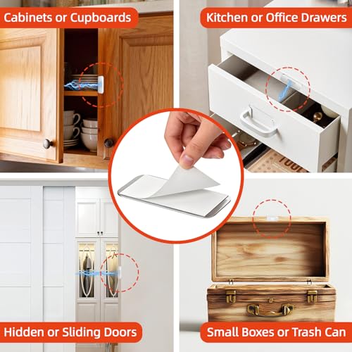Jiayi Silver 6 Pack Ultra Thin No Drill Magnetic Cabinet Door Catch - Strong Adhesive Stainless Steel Latches for Kitchen & Bathroom