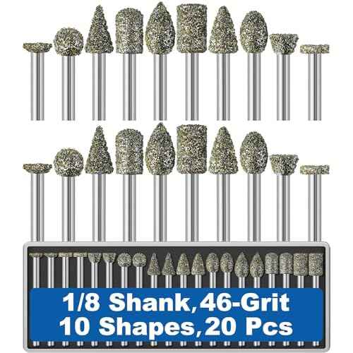 20Pcs 46-Grit Diamond Grinder Bit 1/8" Shank Compatible with Dremel Rotary Tool Attachment Accessories Grinding Burrs for Stone Glass Resin Porcelain Ceramic Quartz Glaze Steel Carve Engrave Polish