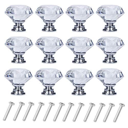 YourGift 12-Pack Diamond Crystal Glass Drawer Knobs 30mm Silver Cabinet Handles