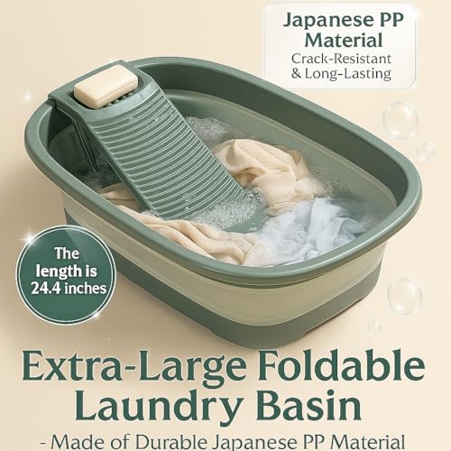 VEMJO 12 Gallon Collapsible Laundry Basin with Removable Washboard, Green, 24.4 Inches