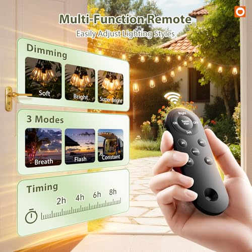 addlon 52FT Solar String Lights Outdoor Waterproof Dimmable 16+1 LEDs with Remote & USB Charging