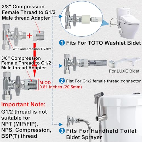 YUHX Brass 3/8" Compression T-Adapter Valve for Bidet, Toilet, Water Line Splitter G1/2