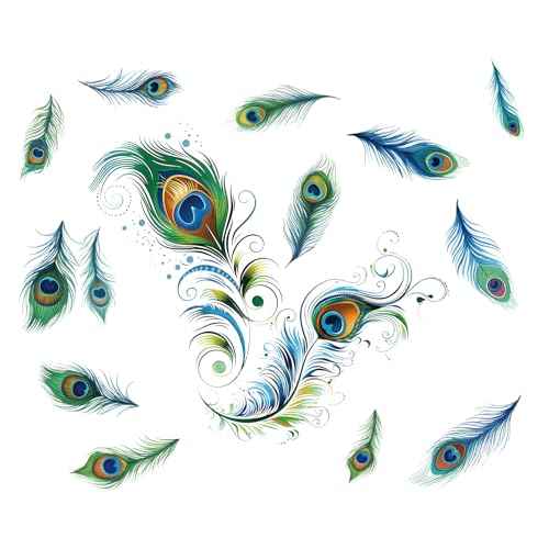 PLIGREAT Peacock Feathers Wall Stickers, Removable Vinyl Peel and Stick Wall Decals Green Tail Feathers Wall Decors for Living Room Bedroom Office Home Indoor DIY TV Background Wall Decoration