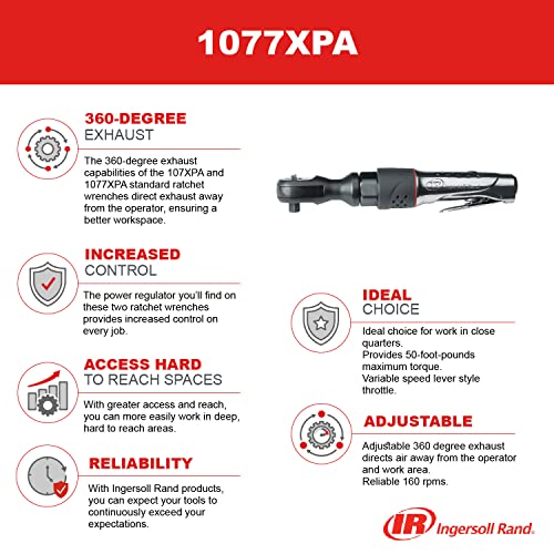 Ingersoll Rand 1077XPA 1/2-Inch Air Ratchet Wrench - 54 ft-lb Torque, 160 RPM, Adjustable Exhaust, Variable Speed Control