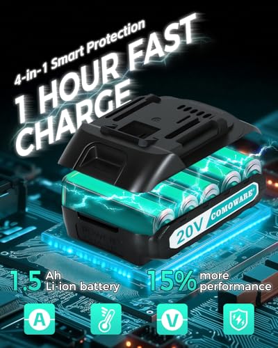 COMOWARE 20V Cordless Drill Set with Bits, Charger, Battery & Green Storage Case