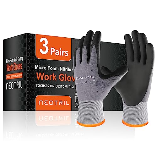 NEOTRIL MicroFoam Nitrile Coated Work Gloves - Large, 3 Pairs, Breathable Nylon, Safety Gloves for Men and Women