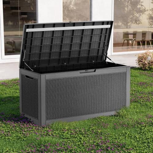 PatioZen 150 Gallon Lockable Resin Deck Box Black Outdoor Storage for Patio & Garden