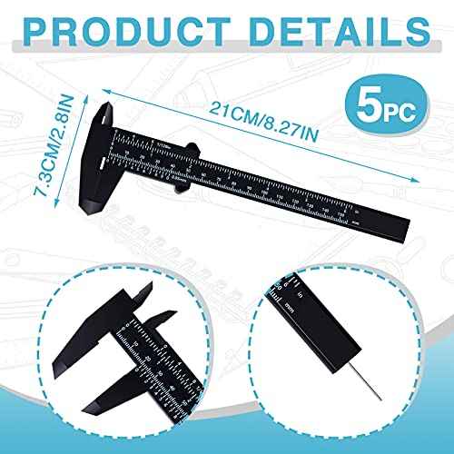 Flutesan 6 Inch/ 150 mm Mini Plastic Vernier Caliper Double Scale Measuring Tool Rectangular Vernier Caliper Read Sliding Gauge Ruler for Eyebrow Stencil Makeup Student School Office Home, 5 Pieces