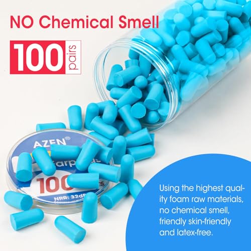 AZEN 100 Pairs Lake Blue Foam Ear Plugs NRR 32dB Sleeping Noise Cancelling