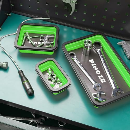 Pinoze 3-Piece Collapsible Magnetic Parts Tray Set with 12" Flexible Magnetic Pickup Tool - Green