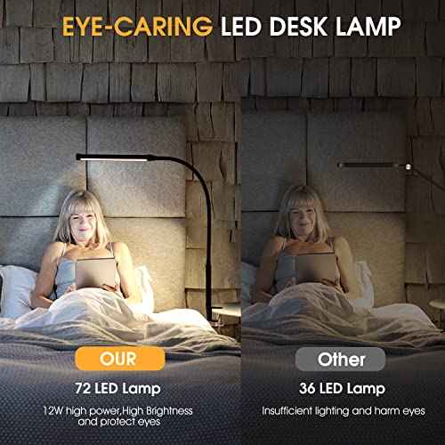 LED Desk Lamp with Clamp, Eye-Caring Clip on Lights for Home Office, 3 Modes 10 Brightness, Long Flexible Gooseneck, Metal, Swing Arm Architect Task Table Lamps with USB Adapter, Black