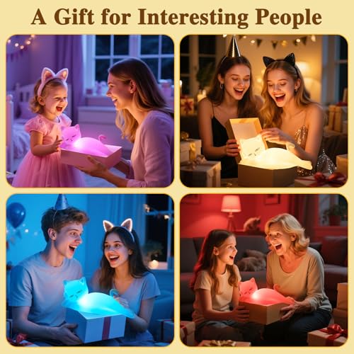 Mubarek Lying Cat Night Light - 16 Colors, 5 Dimming Touch & Remote, Rechargeable Silicone Cat Lamp, Cute Funny Gift for Kids & Adults