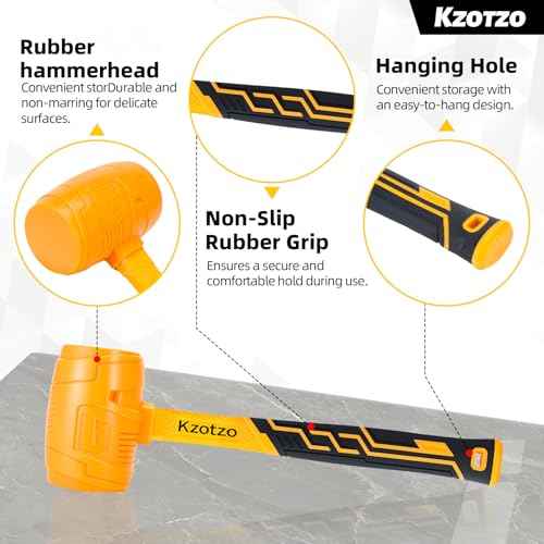 16oz Rubber Mallet Hammer, Fiberglass Handle, Rubber Mallet for Flooring, Tent Stakes, Woodworking, Camping, Soft Blow Tasks without Damage£¬ 2025 upgraded seamless rubber hammer£¨yellow£© (16OZ)