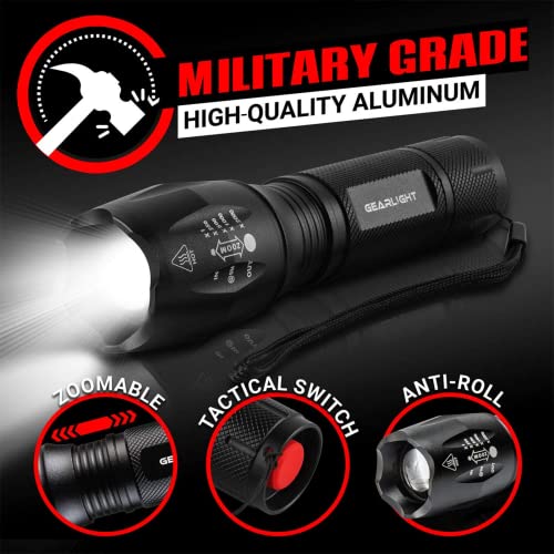 GearLight Mini Tactical LED Flashlights 2 Pack - 5 Modes, Zoomable Beam, Battery Not Included, Compact for Camping & Emergency