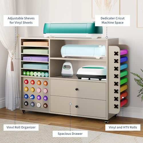 SunnyFurn 42'' Grey Cart for Cricut - Large Craft Table Workstation with 2 Drawers