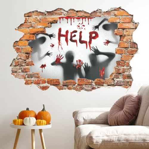 LHIUEM Scary Halloween Decoration Ghost Window Cling Scary Horror Stickers Halloween Broken Wall Stickers Bloody Hands Decals for Walls Horror Birthday Decor Break Wall Decorations for Home Party