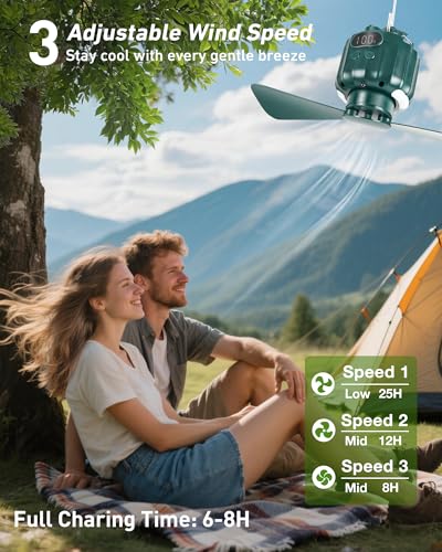 DUKUSEEK Portable Tent Ceiling Fan with Light & 7500mAh Power Bank - Green Small Version