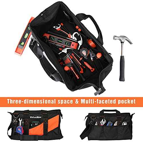 ValueMax 16-Inch Wide Mouth Tool Bag, Tool Organizer Tote Bag with Shoulder Strap, Heavy-duty Tool Storage Bag with 13 Pockets for HVAC, Plumber, Mechanic