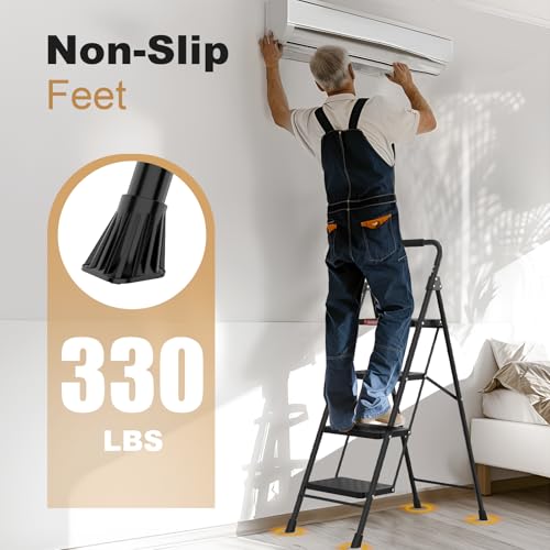 HBTower 4-Step Folding Ladder with Anti-Slip Pedals & Cushioned Handle for Home & Kitchen