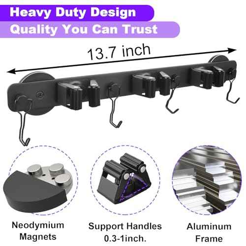 Magnetic Mop Broom Holder, Heavy Duty Magnetic Mop Hanger with Swivel Hooks for Cleaning Tools, Strong Magnet Mount Tool Hanger Organize System Utility Rack for Refrigerators Laundry Garage Kitchen