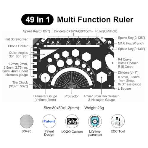 49 in 1 Wallet Engineering Ruler Scale, Credit Card Knife Wallet Tool, Small Metal Ruler Protractor, Everyday Utility Multi Tool (Bottle Opener, Can Opener, Screwdrivers, Phone Stand & More), 1 Pcs