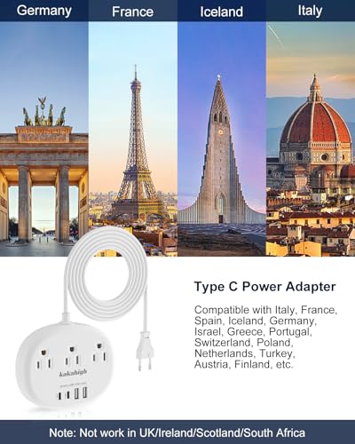 Kakahigh European Travel Plug Adapter with Extension Cord & USB Ports - Model 771-EU
