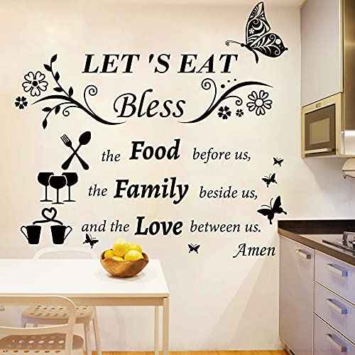 Kitchen Wall Decals Dinner Meal Prayer Wall Stickers Vinyl Kitchen Quotes Wall Decal Let's Eat Bless The Food Before Us Sign Saying Stickers for Dinning Room Home Restaurant