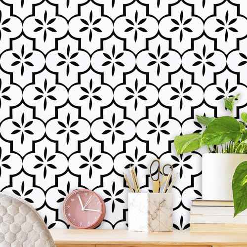 GloryTik Contact Paper Black and White Wallpaper Geometry Trellis Pattern Peel and Stick Wallpaper Modern Self-Adhesive Removable Waterproof for Cabinet Drawer Lining Wall Decor 17.7"X118"