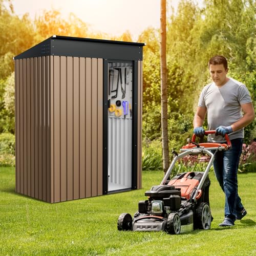 MilleLoom 5x3FT Outdoor Storage Shed, Heavy Duty Garden Tool Storage Shed with Lockable Doors and Sloping Roof, Weatherproof Metal Storage House for Backyard, Patio, Garden, Lawn