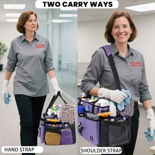 Extra large Cleaning Caddy Bag Built-in Sturdy Support Board, Cleaning Organizer with Detachable Divider, Cleaning Supply Tote with Adjustable Shoulder Strap (Purple, 19'' x 11'' x 11'')