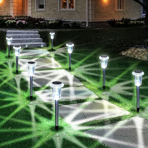 Eyrosa Cool White Solar Pathway Lights 10 Pack Waterproof Stainless Steel Stake Lights for Garden Yard Driveway Outdoor Decor