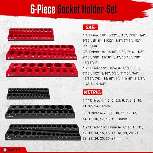 WETT Magnetic Socket Organizer Set, 6-Piece Socket Holder Set, 1/4", 3/8", 1/2" Drive Magnetic Sockets Trays, Holds 143pcs SAE & Metric, Standard Shallow and Deep Size Sockets (Socket not Included)