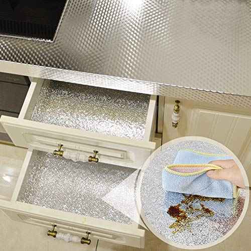 Livelynine Silver Contact Paper for Kitchen Oil Proof Waterproof Sticker Aluminum Foil Kitchen Wallpaper Backsplash Peel and Stick Self Adhesive Shelf Liners for Drawer Removable 15.8x78.8 Inch