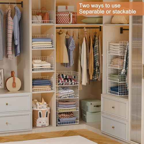 4-Tier Stackable Closet Organizers and Storage Basket, Foldable Closet Shelf Organizer System, Space-Saving Clothes Storage Drawer Organizer for Wardrobe, White (Patent Pending)