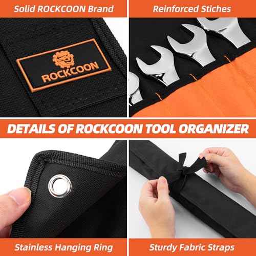 Wrench Roll Organizer 16 Pockets, Wrench Pouch Roll Up with Water Proof Oxford Cloth, Tool Roll Bag for Wrenches Organization, Black and Orange