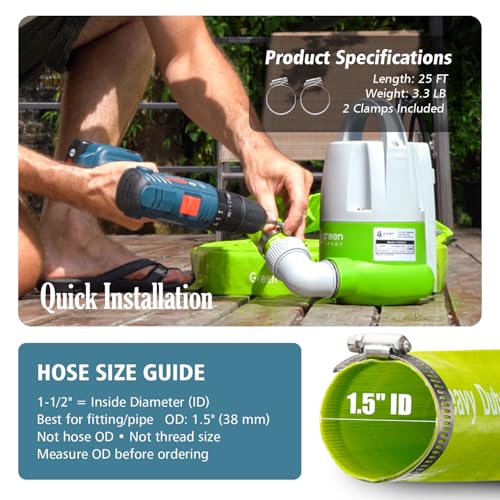 Green Expert 1.5 Inch ID PVC Lay-Flat Discharge Hose 25ft for Water Removal with Steel Clamp Kit