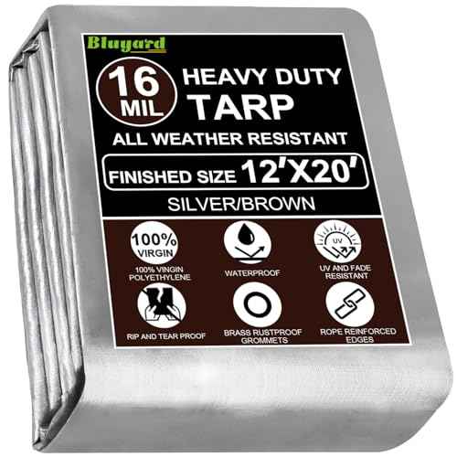 Tarp Waterproof 12x20 Ft Heavy Duty Tarp Thicker 16 Mil Large Tarps with Brass Grommets and Reinforced Edges, UV&Fade Resistant Tear Resistant Plastic Tarp for Outdoor Camping Roof Pool Tent